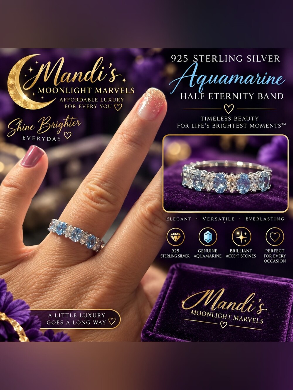 Mandi's 925 Sterling Silver Aquamarine Half-Eternity Ring in Light Blue Size 6